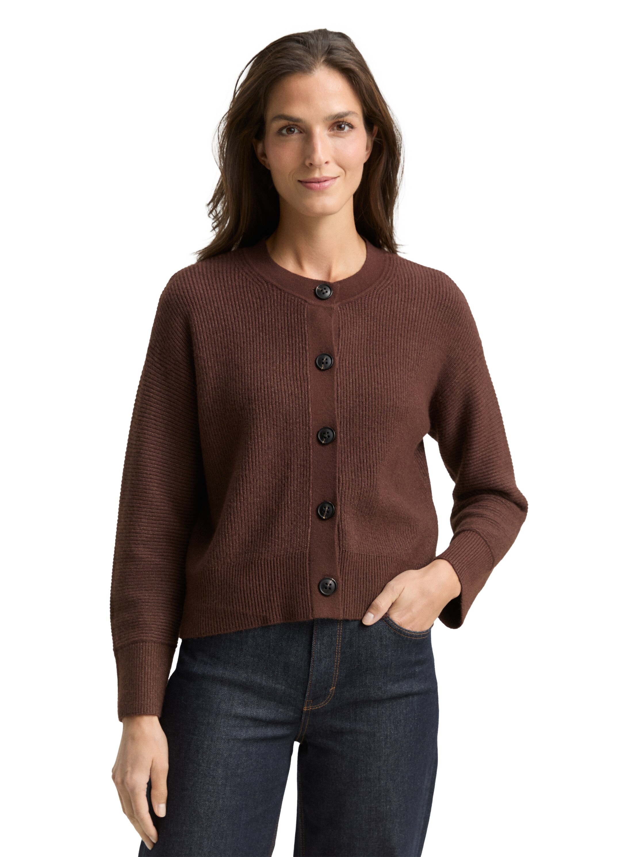 Strickjacke TOM TAILOR, Damen, Gr. M, schwarz pecan braun melange, Strick, Obermaterial: 52% Viskose, 27% Polyester, 21% Polyamid, meliert, oversize normal, Rundhals, Rippbündchen, Strickjacken Strickjacke, mit Rippbündchen