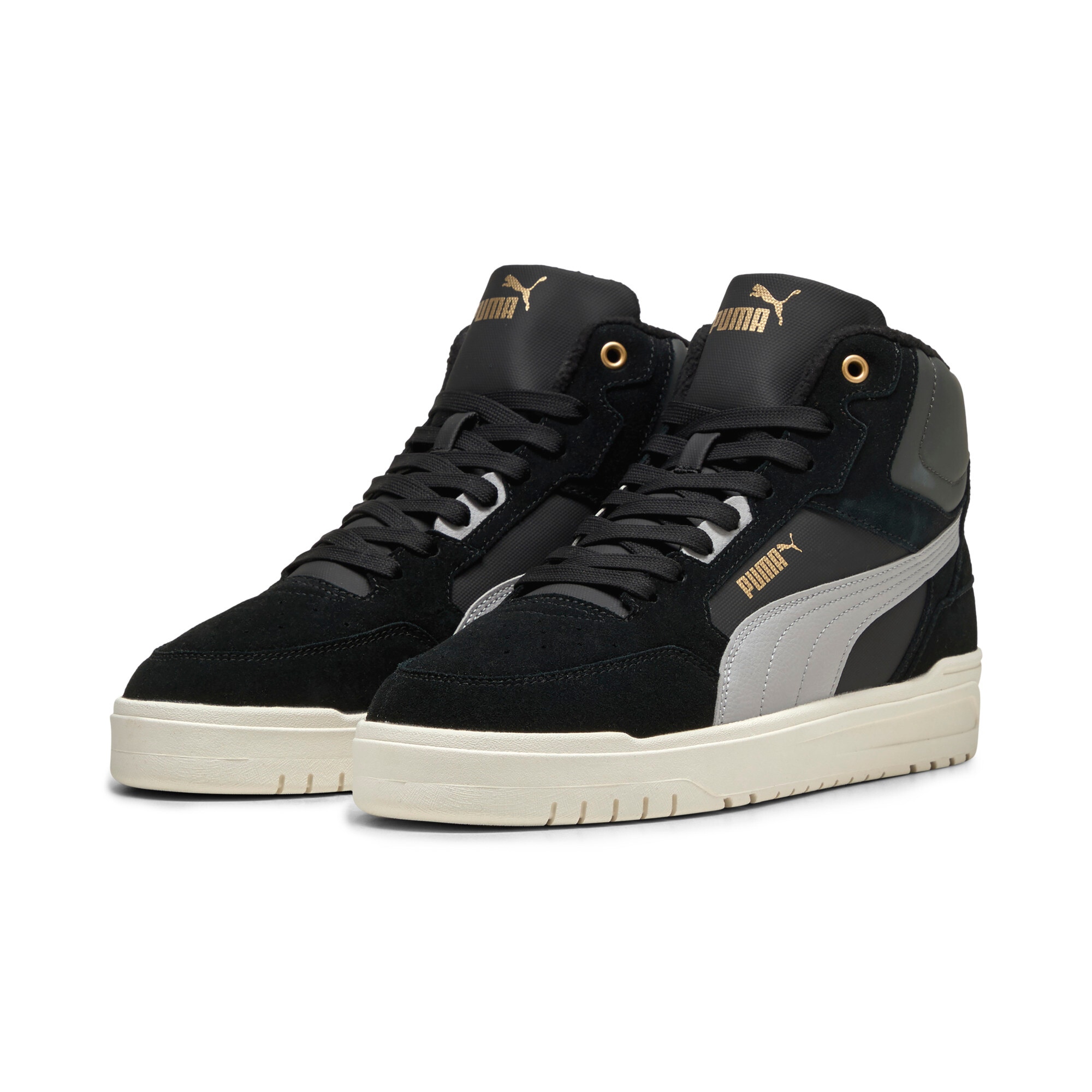 Sneaker PUMA "SHUFFLE DOWNTOWN MID WTR", Damen, Gr. 43, puma schwarz, gray echo, puma gold, Leder, Schuhe Sneaker, Winterschuhe, Sneakerboots, gefüttert