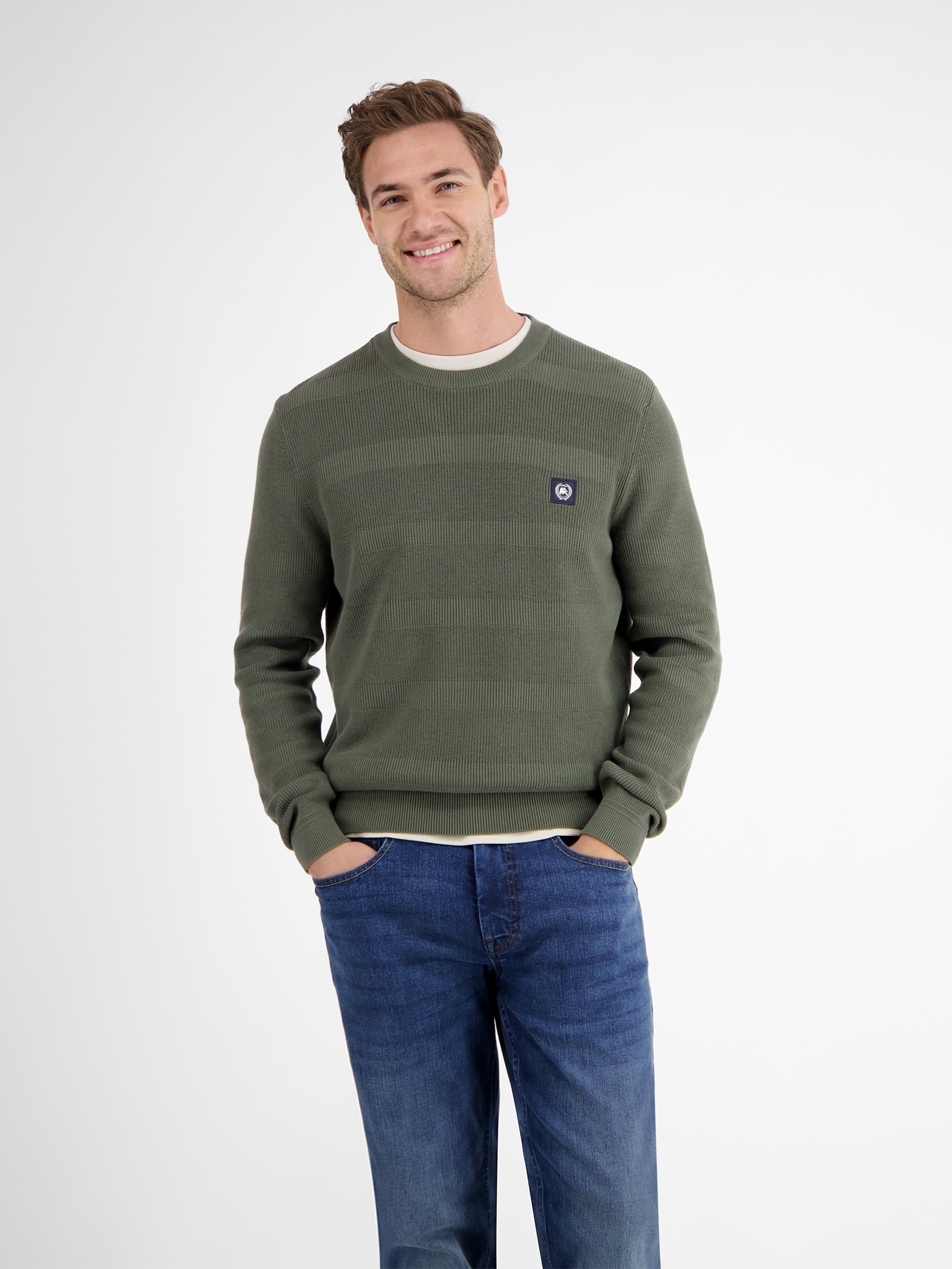 Strickpullover LERROS, Herren, Gr. XXL, nordic olive, Strick, Obermaterial: 100% Baumwolle, gestreift, regular fit normal, Rundhals, Rippbündchen, Pullover, mit Logo Stickerei Image