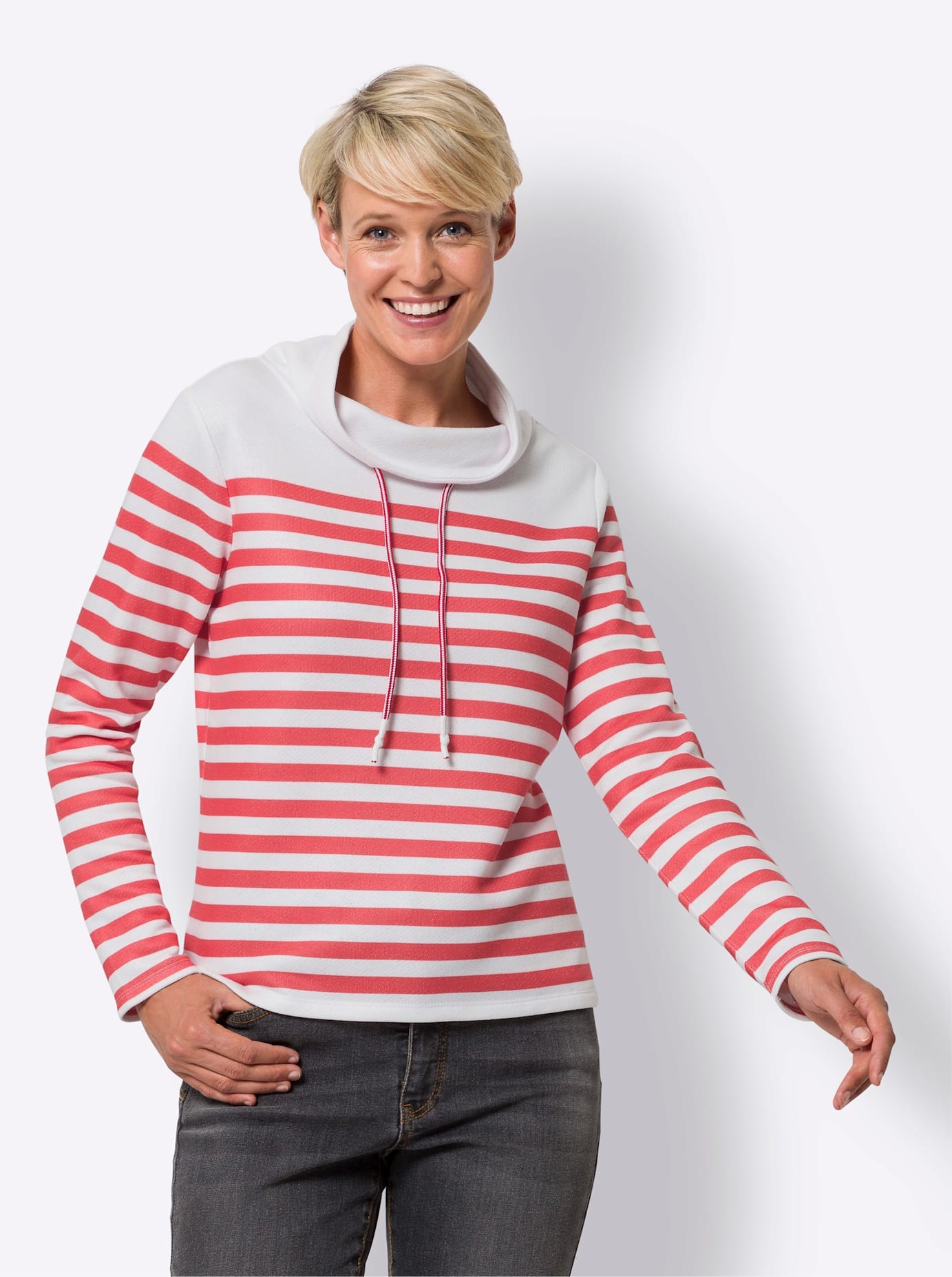 Sweatshirt CLASSIC BASICS, Damen, Gr. 40, orange (weiß, grapefruit, geringelt), 50% Baumwolle, 50% Polyester, gemustert, gestreift, mehrfarbig, Sweatshirts Image