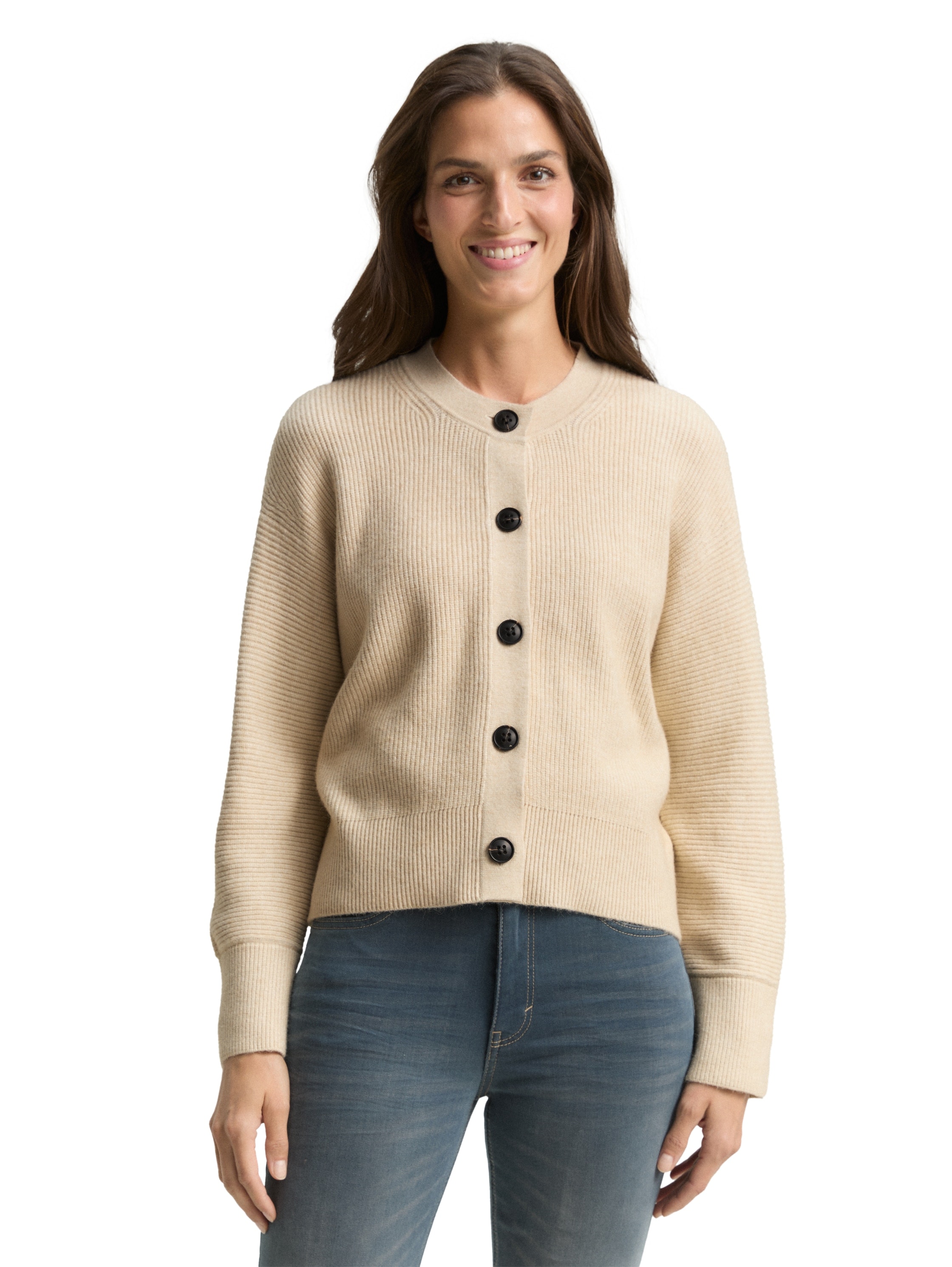 Strickjacke TOM TAILOR, Damen, Gr. M, sand stone beige melange, Strick, Obermaterial: 52% Viskose, 27% Polyester, 21% Polyamid, meliert, oversize normal, Rundhals, Rippbündchen, Strickjacken Strickjacke, mit Rippbündchen