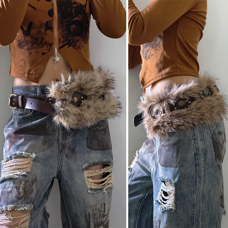 Pelziger Gürtel, luxuriöses Design, Kunstpelzgürtel, sexy Herbst- und Winter-Subkultur, westliches Cowgirl-Zubehör, Gürtel im postapokalyptischen Stil Image