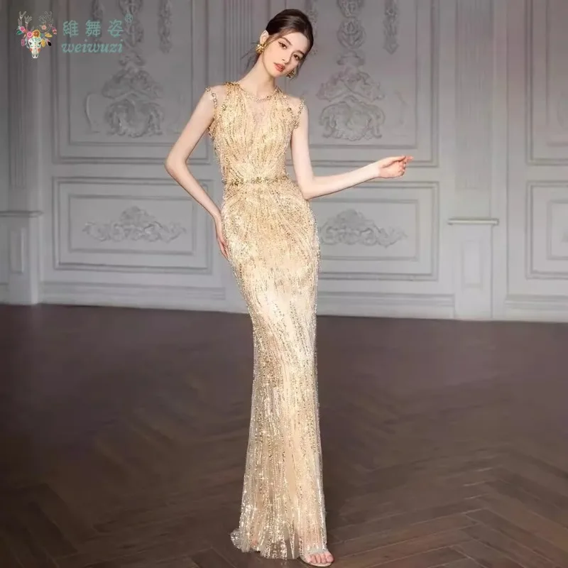 Heavy Industry Perlen Pailletten bestickt Gold Luxus Abendkleid Elegantes Damen ärmelloses Slim Fit Meerjungfrau Abendkleid