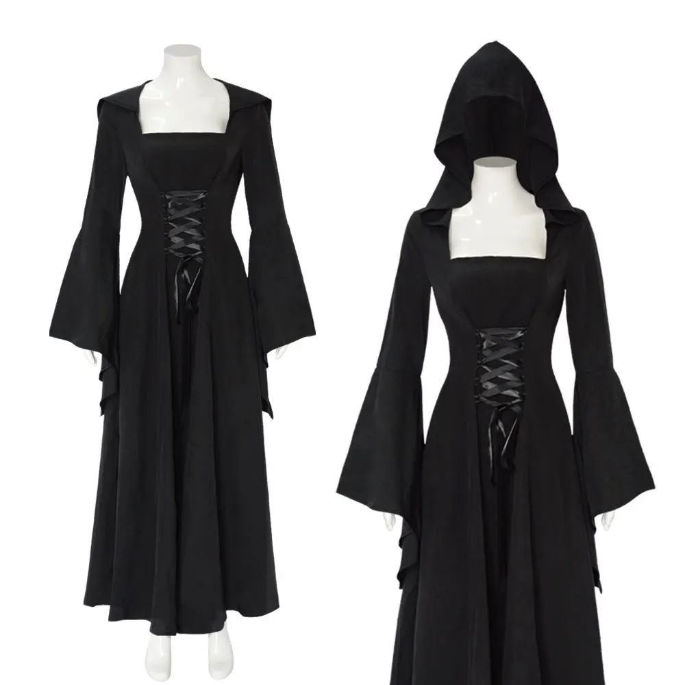 Böser Vampir, Cosplay, Halloween-Kostüm, mittelalterlich, viktorianisch, lange schwarze Hexe, Kostüme, Karneval, Goth, ästhetisch für Damen Image