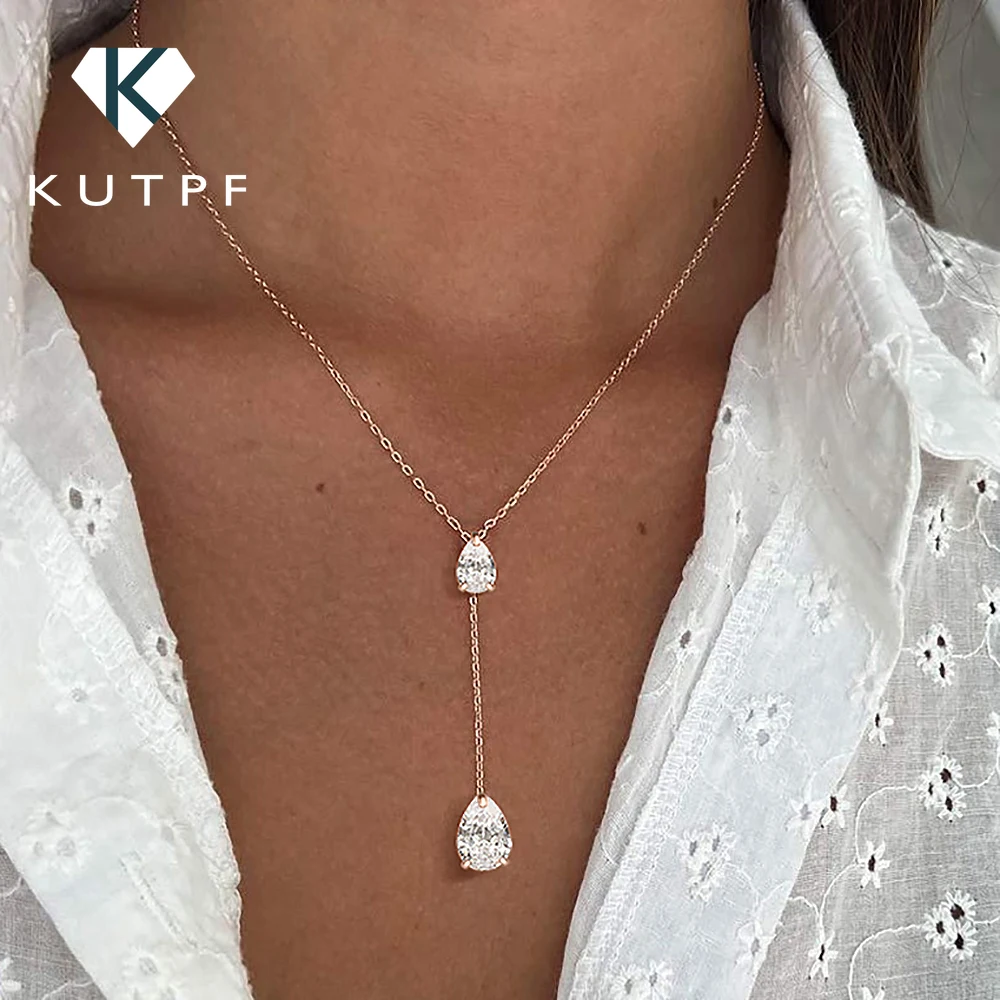 Collana con ciondolo Moissanite a goccia d'acqua in 2 pietre per donna Argento 925 1,5 cttw Stile Y Nappa lunga con taglio a pera Collana con diamanti da laboratorio