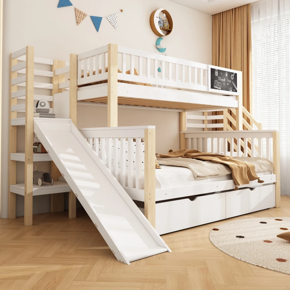 Kinderbett, Etagenbett, multifunktional, mit Treppen und Aufbewahrungsschränken, mit Rutsche und kleinem Tisch, 140 x 200 cm und 90 x 200 cm, weiß