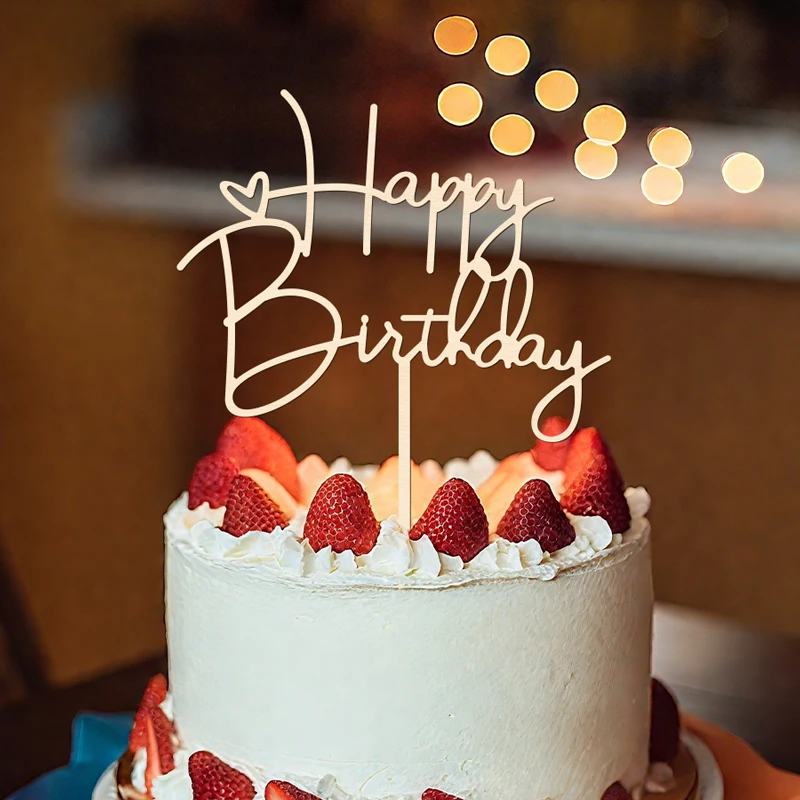 NUBECOM Happy Birthday Cake Topper Geburtstagstorte Dekoration mit Schriftzug und Herzakzenten Happy Cake Topper für Geburtstage Image