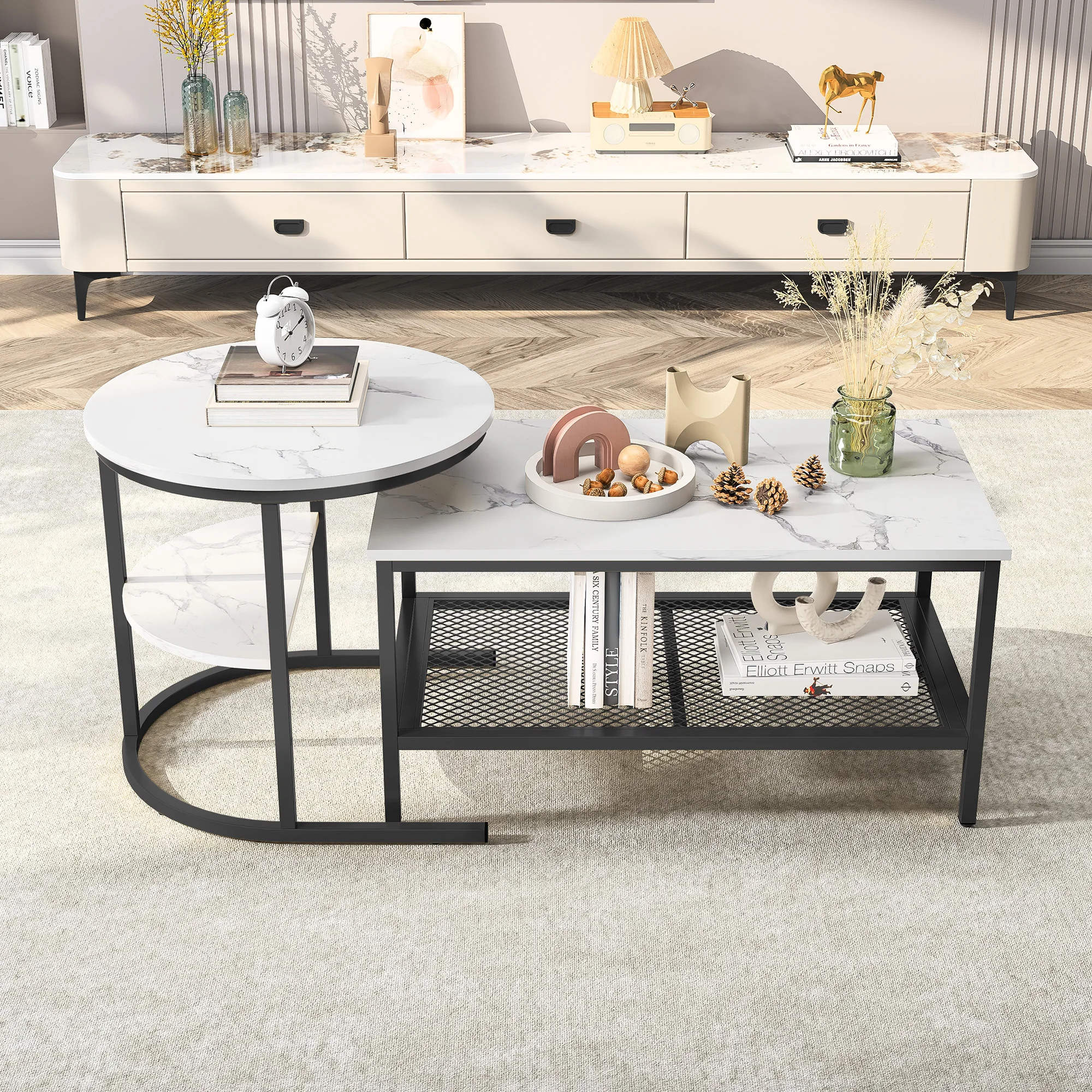 Anajqaqia 2-in-1-Couchtisch, Beistelltisch mit Metallrahmen, runder und rechteckiger Couchtisch für Wohnzimmer, Schwarz