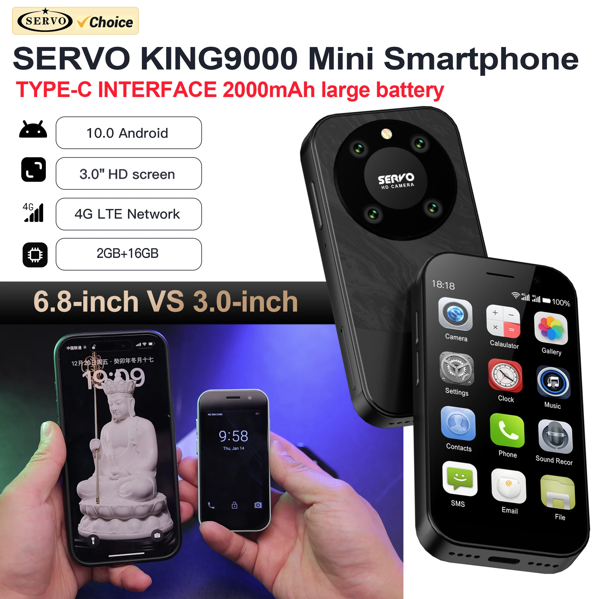 SERVO KING9000 4G Mini Smartphone 2GB + 16GB Android10.0 System Dual SIM Standby Wifi GPS 3,0 Zoll Kleine Smartphone Globale Version