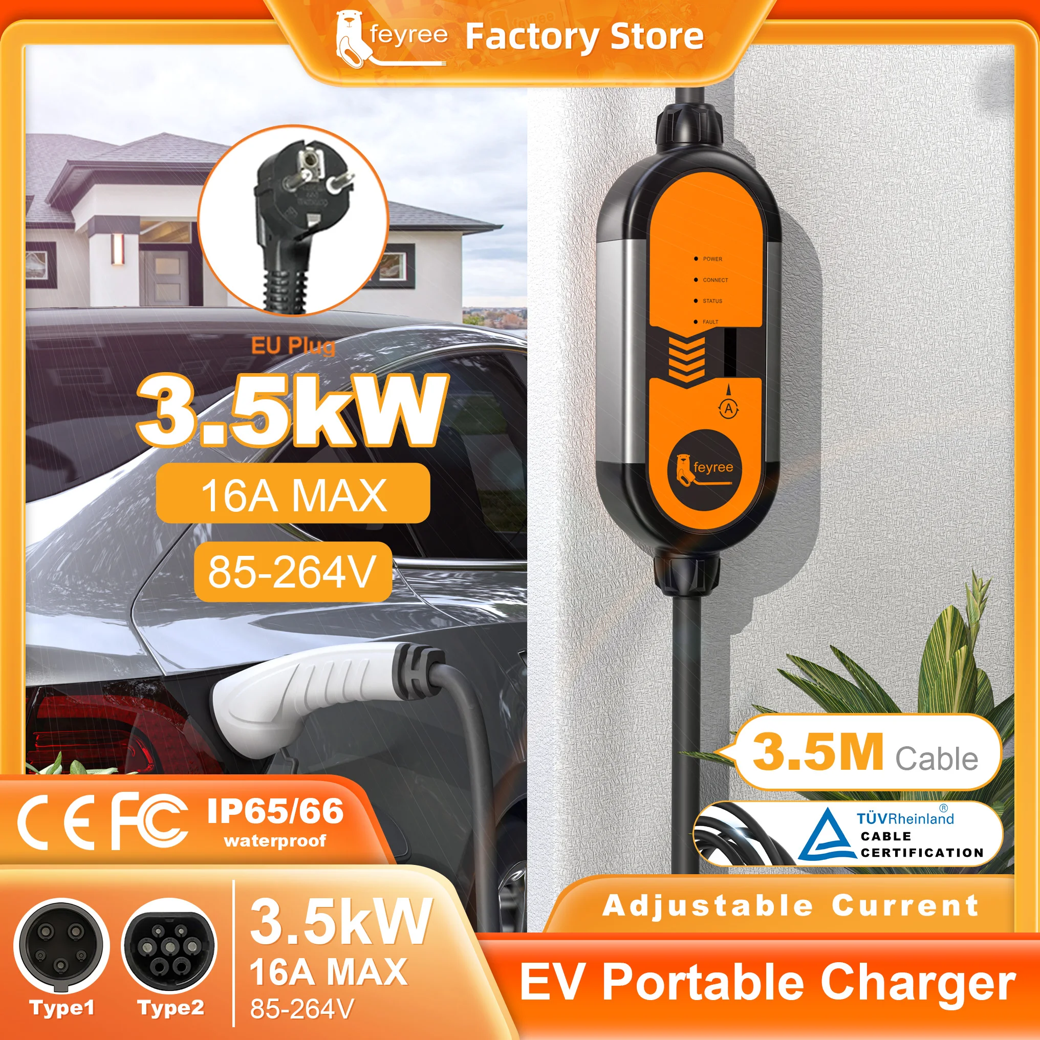 Feyree Tragbares EV-Ladegerät Typ 2 16 A 3,5 kW EVSE-Ladekabel Typ 1 SAE J1772 EU-Stecker-Controller Wallbox für Elektroauto Image