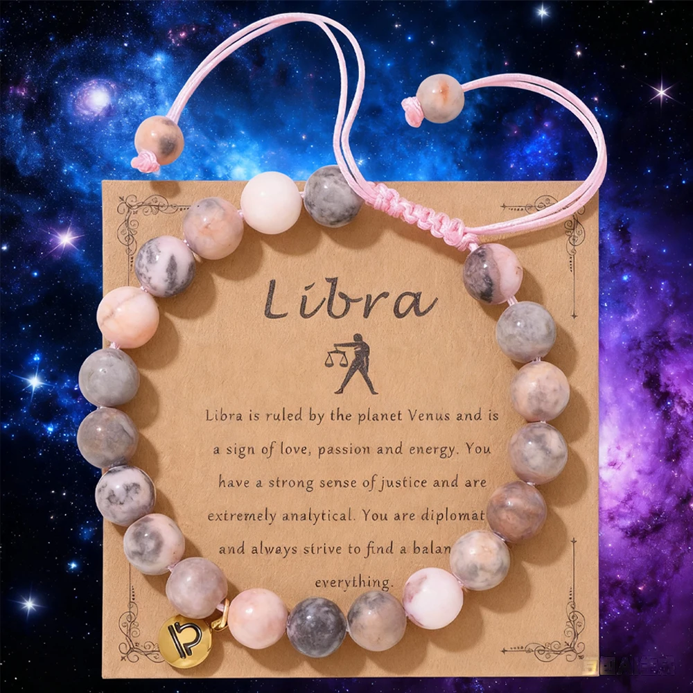 Waage-Armband mit rosa Zebra-Steinperlen, 12-Sternzeichen-Sternbild-Schilder, geflochtene Charm-Armbänder für Frauen, Geburtstagsgeschenk, Schmuck Image