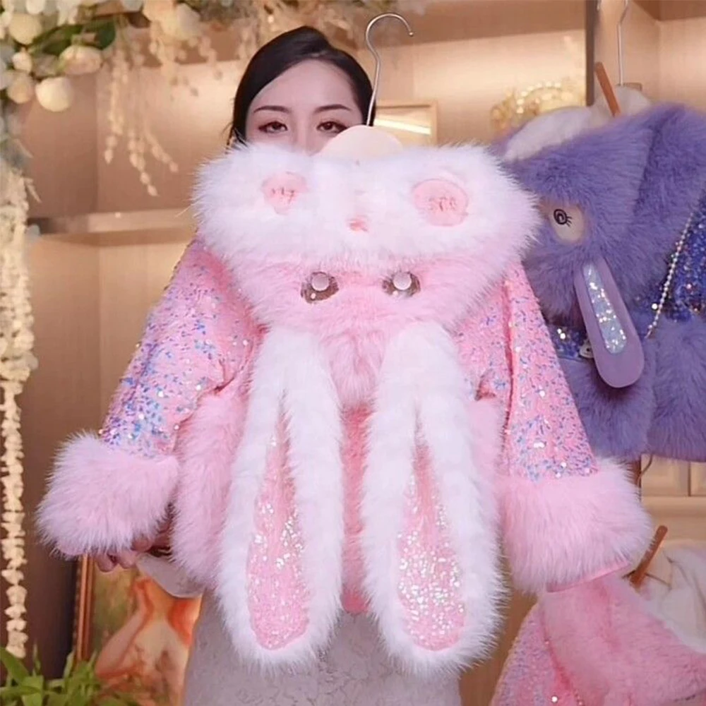 Kaninchen Ohren Kinder Faux Pelzmantel Plüsch Jacke Kawaii Winter Stellalous Mode Pailletten Gepolsterte Jacke Verdicken Warme Oberbekleidung Image
