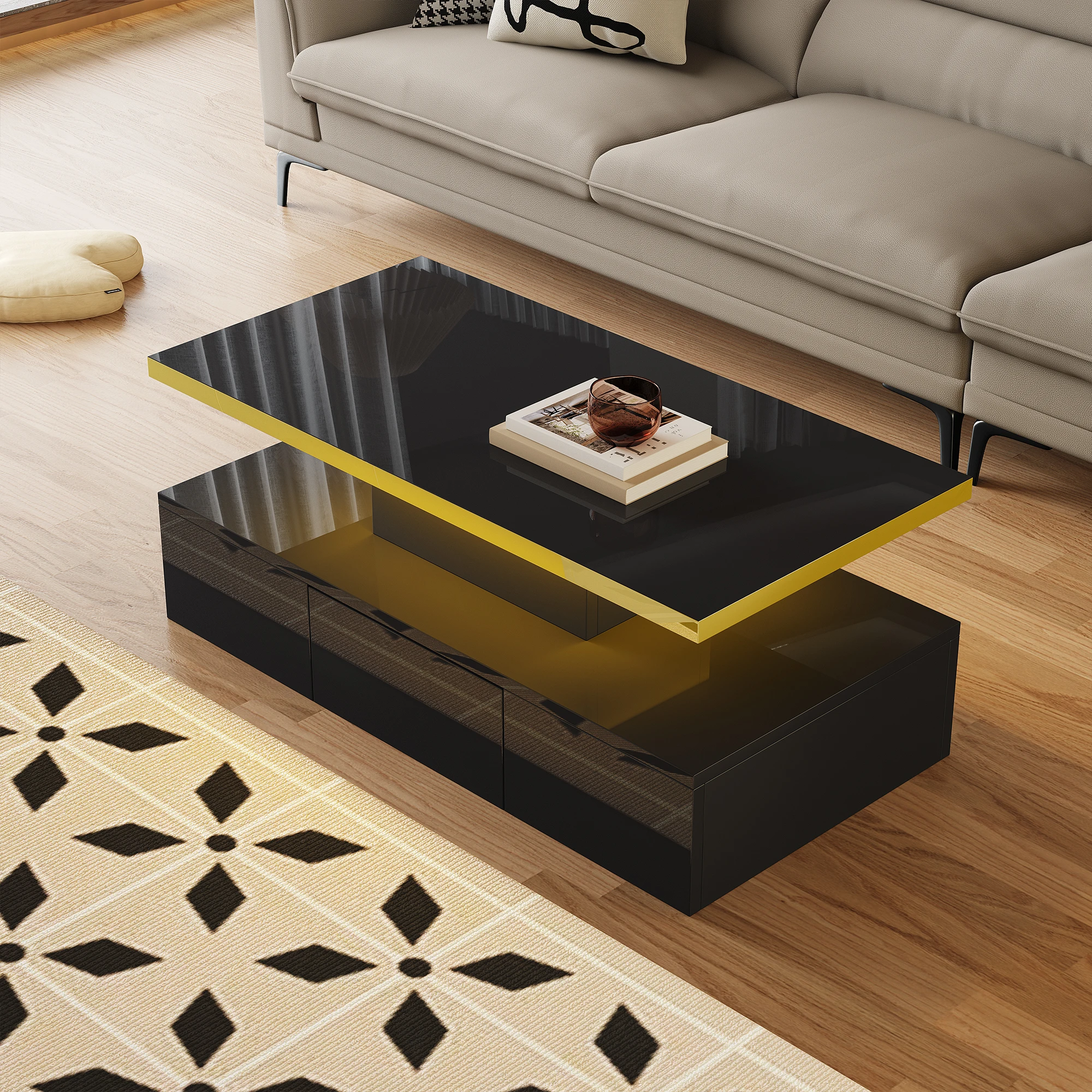 Anajqaqia 100×50×38,5 cm Moderne Couchtische, Tisch mit 1 Schubladen und LED-Licht, Beistelltisch mit 2 Ablagen, Schwarz