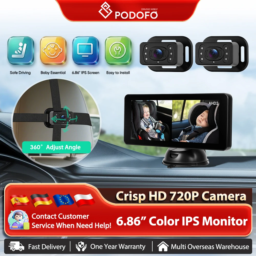 Podofo 6,86'' Baby-Auto-Kamera, Touchscreen, Auto-Babyphone mit Nachtsicht, Rückansicht, verstellbarer Blickwinkel, Sicherheit für Kinder Image