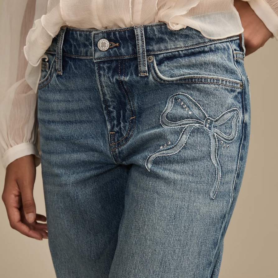 Lucky Brand Lucky Legend Embellished Bow Baggy - Women's Jeans Denim Pants in Bow Down Wash, Size 31 x 31