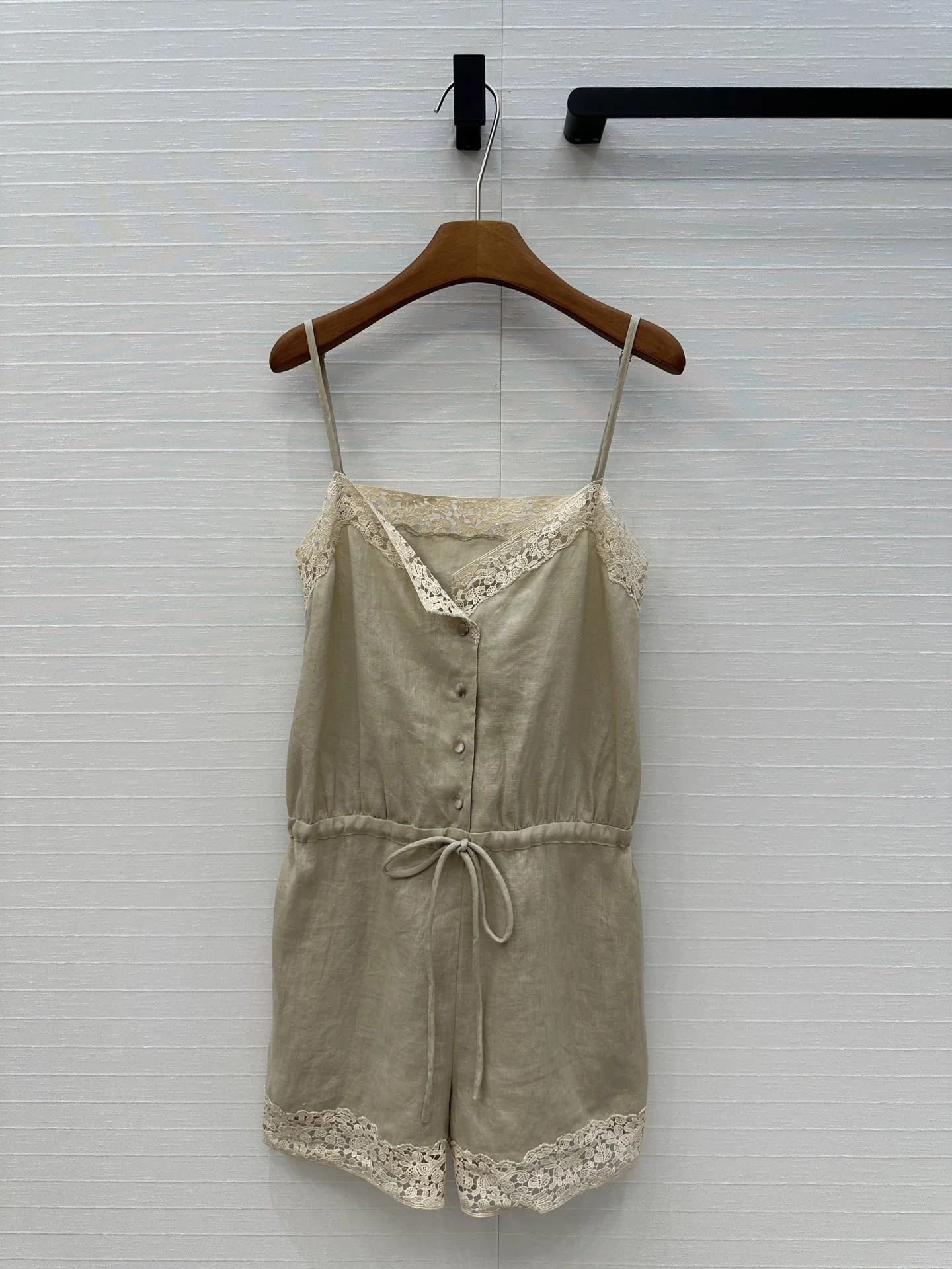 Combinaison de vacances en lin marron kaki pour femmes, dentelle florale, patchwork, col en v creux, simple boutonnage, camisole, vêtements élégants, été
