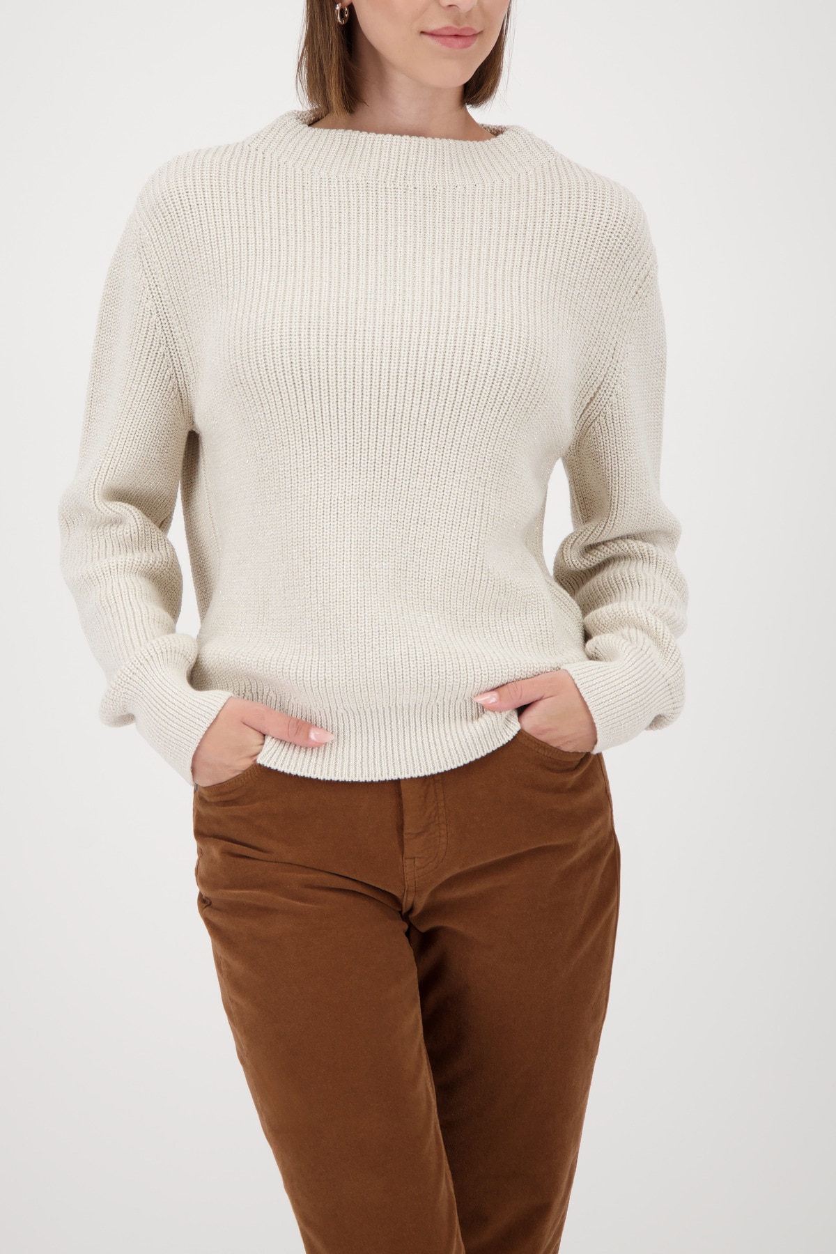 Strickpullover MONARI, Damen, Gr. 42, almond, Strick, Obermaterial: 94% Baumwolle, 6% metallisierte Fasern, unifarben, regular fit taillenbedeckt, Rundhals, eingesetzt Rippbündchen, Pullover, Regular fit mit Rundhalsausschnitt Image