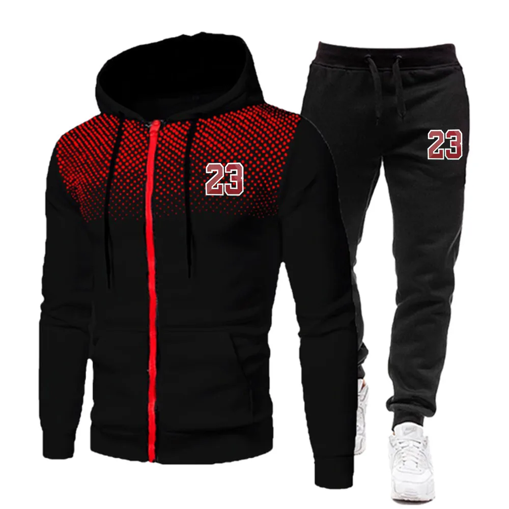 23 Abiti da uomo invernali Nuovo set di abbigliamento sportivo da uomo Felpa con cappuccio stampata Set Cerniera Abbigliamento sportivo Pantaloni sportivi casual Abbigliamento sportivo autunnale
