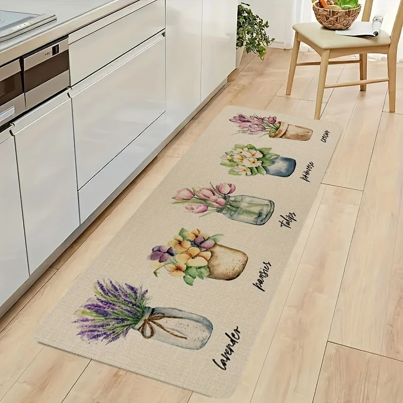VIKAMA Lavendel- und Tulpen-Design-Küchenbodenmatte, dekorativer Flanell-Bodenteppich für den Waschbeckenbereich, Waschküche, Esszimmerteppich Image
