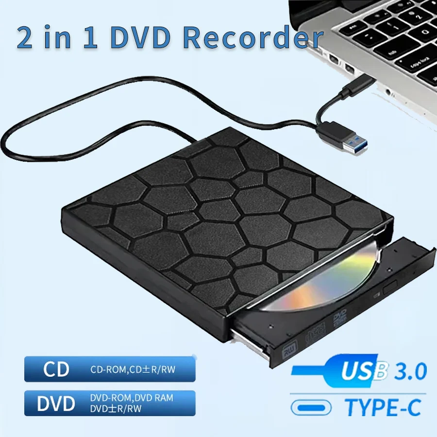 Unità ottiche esterne USB 3.0 tipo C 2in1 Lettore di masterizzatori CD DVD RW Lettore CD per PC portatile Desktop Registratore masterizzatore DVD portatile