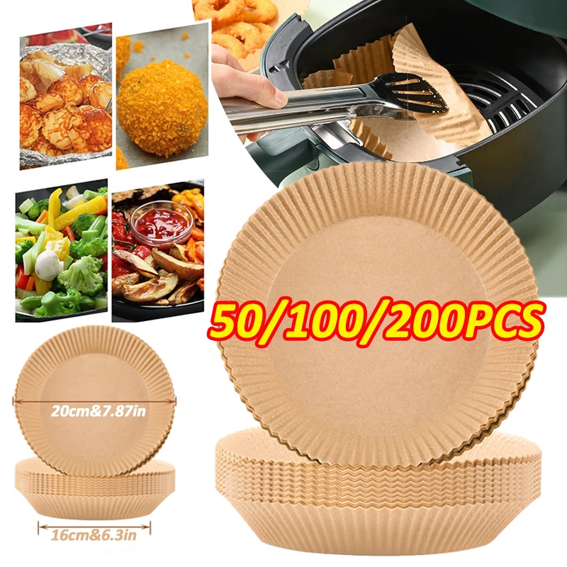 50/100/200 Stück Einweg-Luftfritteusenpapier für die Küche, antihaftbeschichtetes Backpapier, runde Luftfritteusen-Einlagen, Grill, gebratenes Huhn, Pergament Image