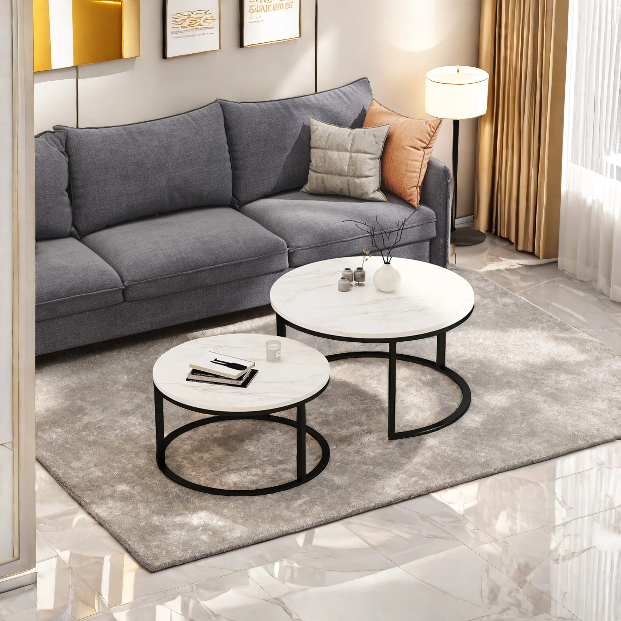 Rosahqnda Eingebetteter Couchtisch,2er-Set,Tee-Couchtisch mit Marmorplatte und goldener Metallbeinen,80x45cm,60x33cm,Couchtisch