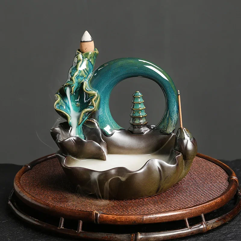 1 Stück, Keramik Lotus Der Mond Pagode Rückfluss Wasserfall Weihrauchbrenner Weihrauchstäbchenhalter Home Ornament Dekor – ohne Weihrauch Image
