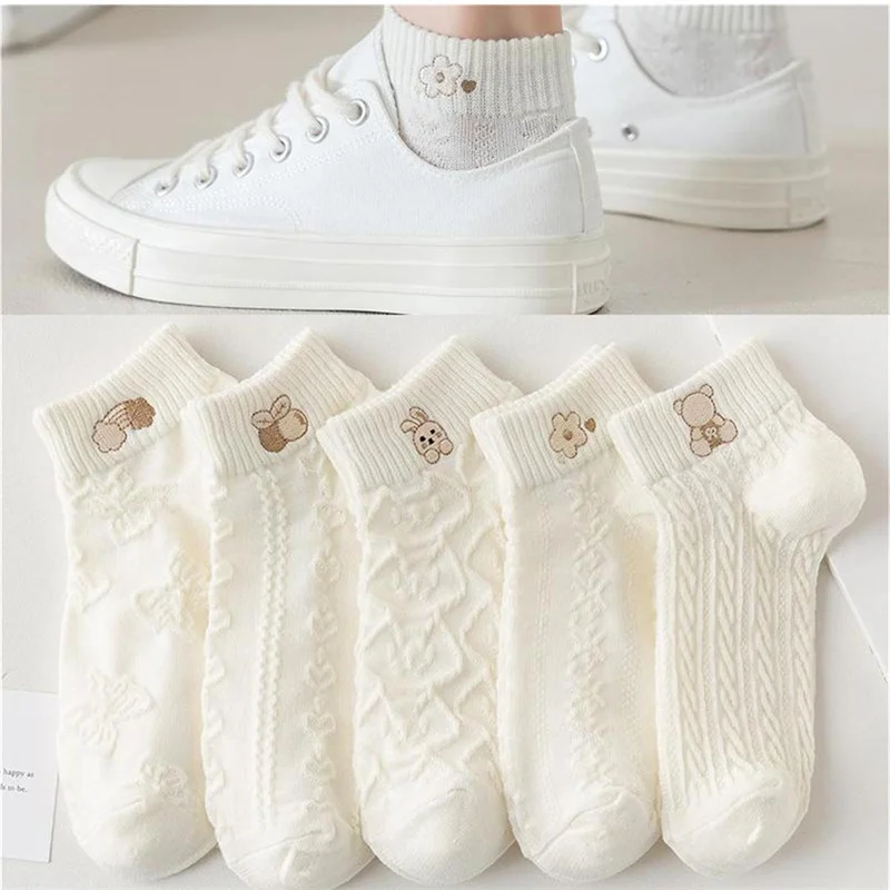 5pairs Frauen Socken Frühling Sommer Nette Bär Kaninchen Regenbogen Druck Ankle Socken Beiläufige Kurze Socken Image