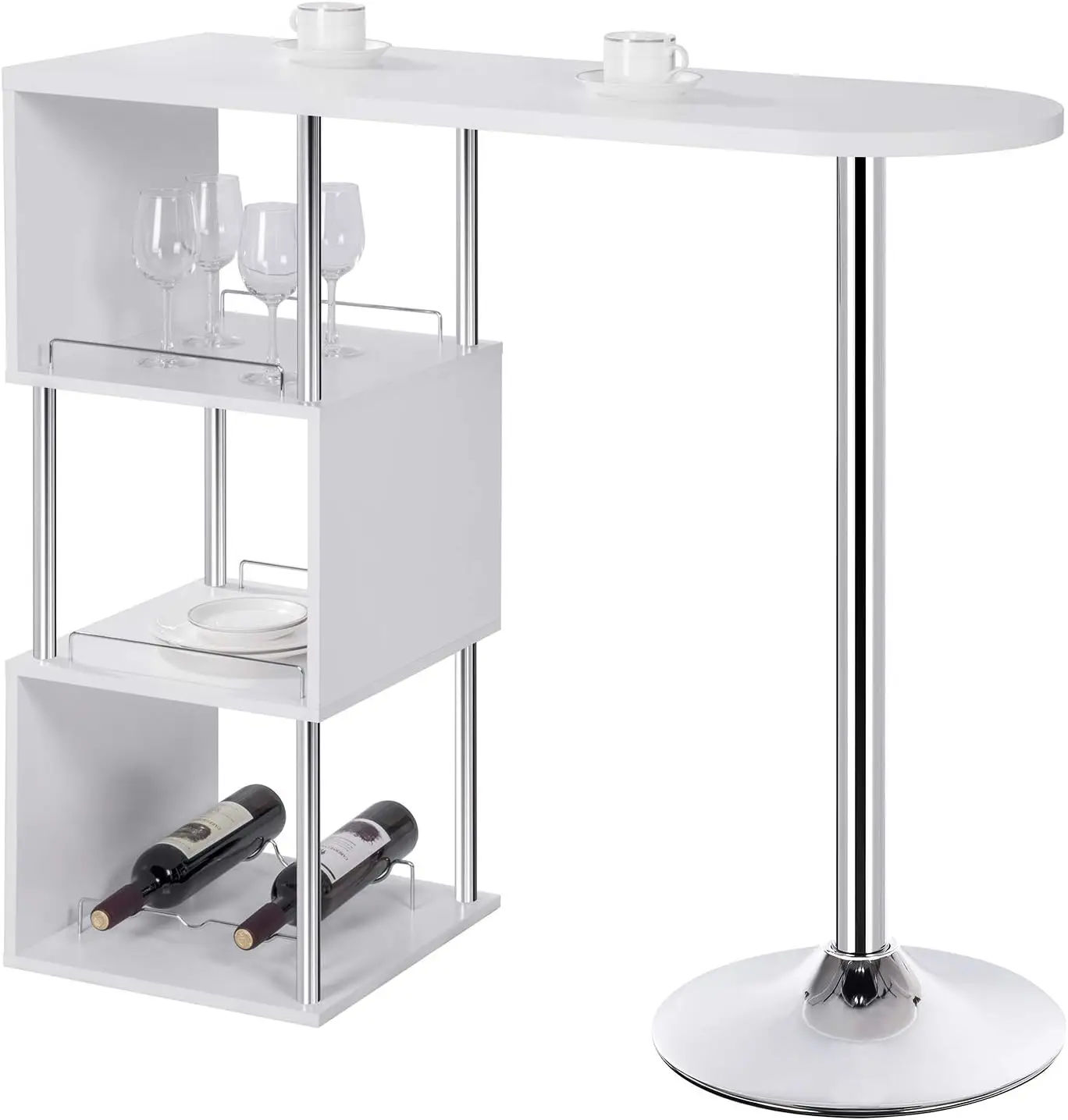 S-förmiger Bartisch mit Stauraum, Stehtisch mit Weinregale, Bistrotisch aus Metall und Holz, Bartheke Tresentisch für Küche Bar Wo