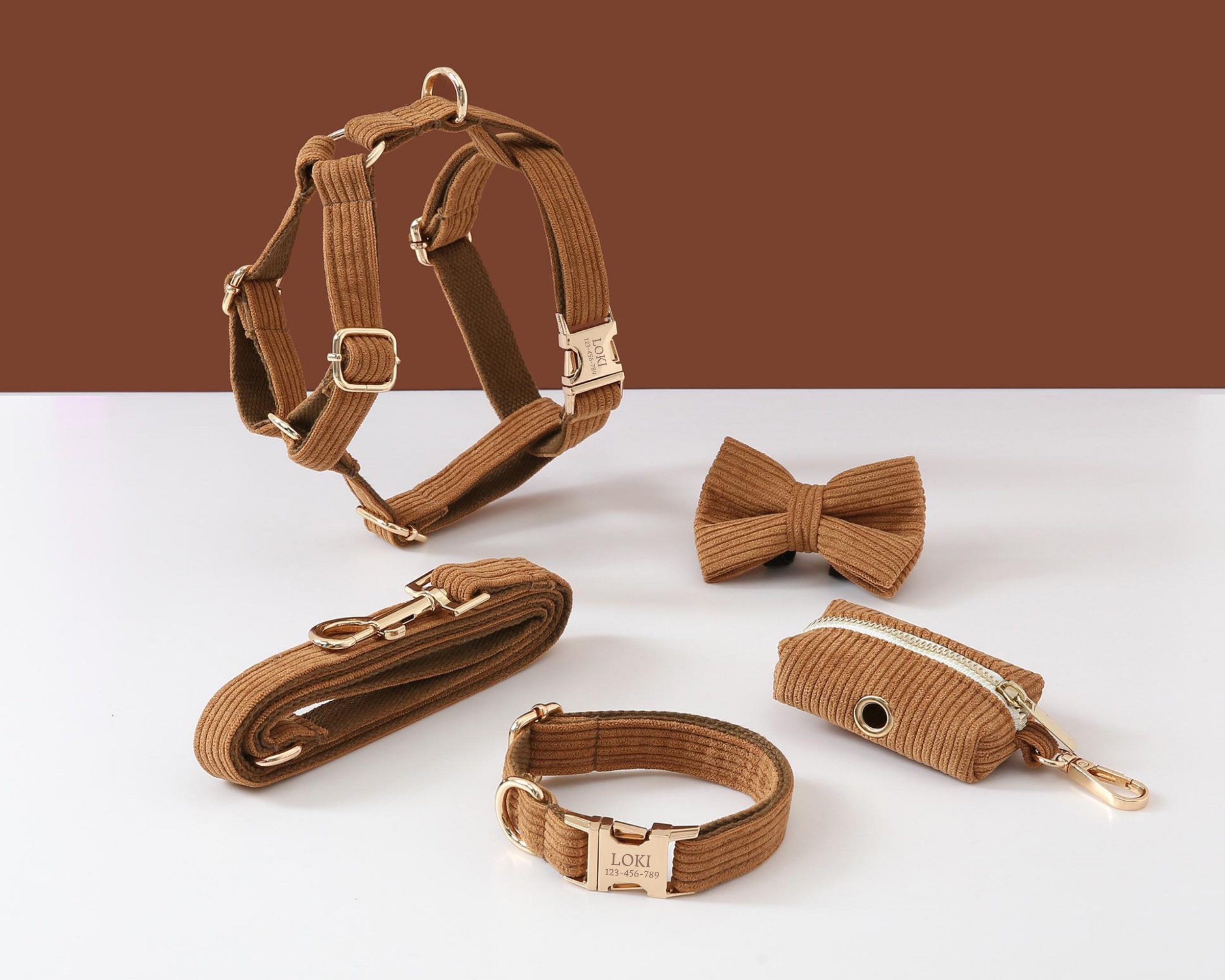 Set di collare personalizzato con guinzaglio e pettorina in velluto a coste marrone per cani, collare e pettorina per cani maschi, pettorina anti-tiro
