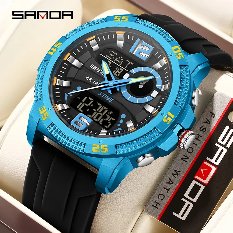 SANDA Neue Mode Luxus Männer Uhr Casual Wasserdichte LED Leucht Chronograph Dual Digital Display Sport Analog Männer Quarzuhr