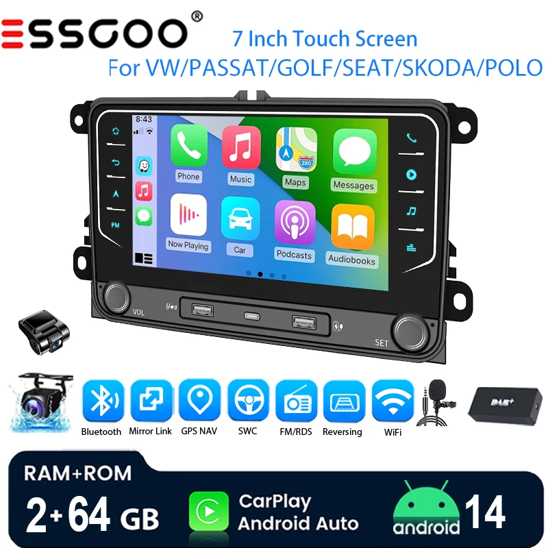 ESSGOO Android 14 Autoradio 7" 4+64 GB Wireless CarPlay Android Auto für VW Golf 5 6 Plus Touran Caddy Jetta Passat Polo GPS Bluetooth KI-Sprache WiFi FM Mirror Link RDS Lenkradsteuerung Image