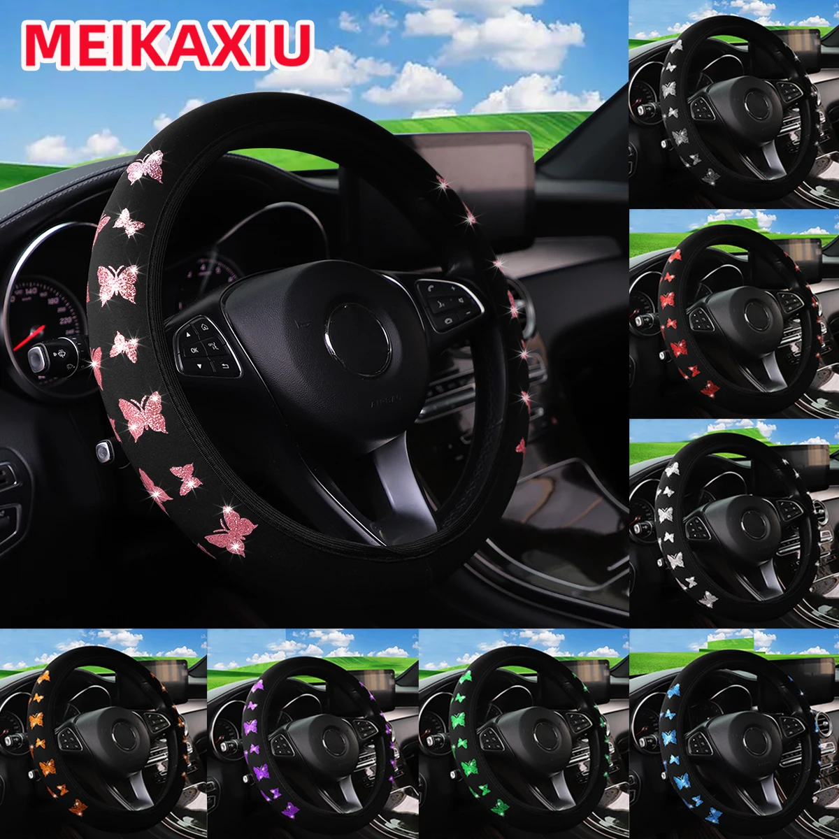 Blingbling Flash Butterfly Car Äußerer randloser Lenkradsatz, geeignet für 14,5–15 Zoll Autos. Auto-Dekorationszubehör Image