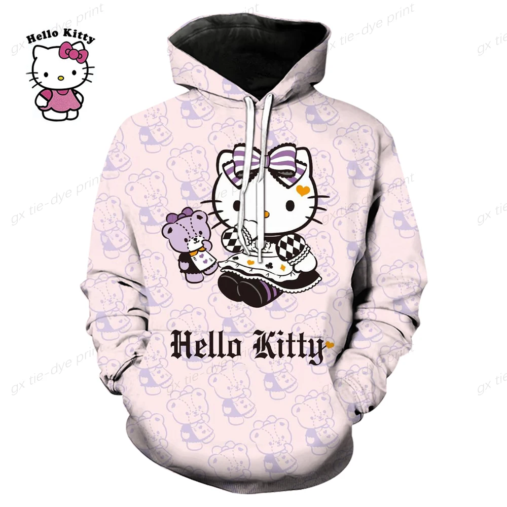 Hello Kitty Kinder-Kapuzenpullover, neues Cartoon-3D-Druck-Sweatshirt, Streetwear für Mode, lässig, Cartoon-Tops, Damenbekleidung, Kapuzenpullover