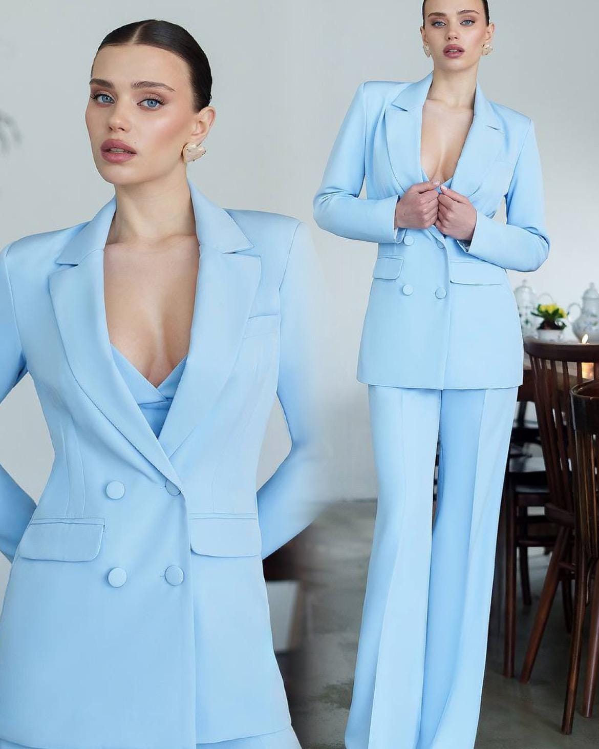 Classico tailleur pantalone a tre pezzi, tailleur pantalone blu, tailleur giacca pantaloni blu, tailleur da invitata a nozze, costume da damigella d'o