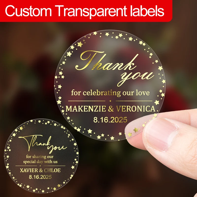 Passen Sie transparente Goldaufkleber an – wasserfeste, langlebige Etiketten für Geschenkverpackungen, Branding und Dekor für besondere Anlässe Image