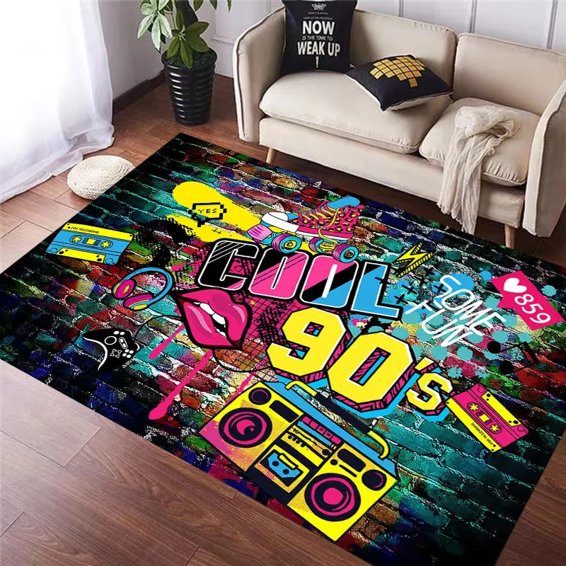 Bunte Hip Hop Graffiti Teppich Matte 90er Jahre Retro Street Music Teppich für Wohnzimmer Studio trendige Heimdekoration Vintage Teppich