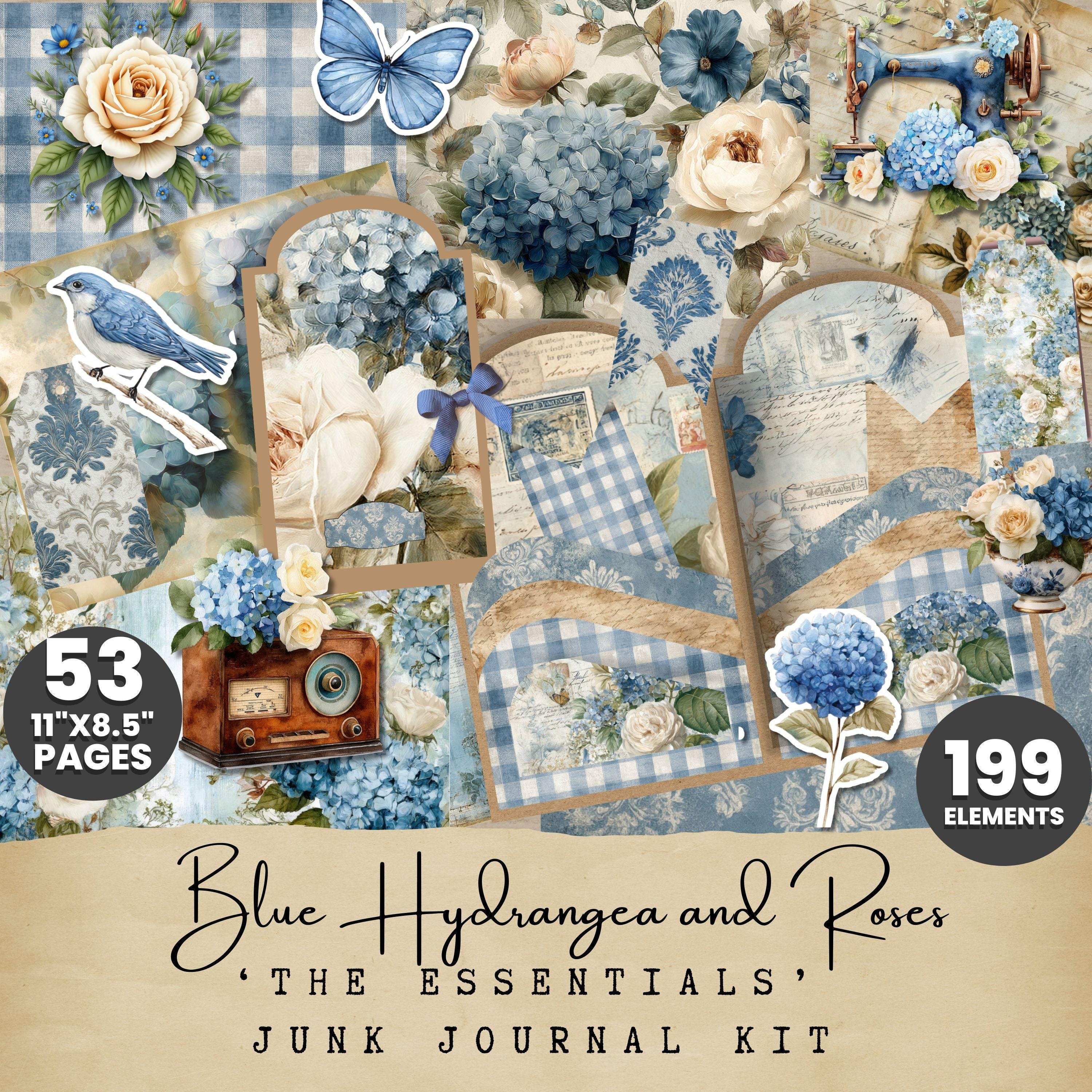 Kit per diario spazzatura con ortensie blu e rose, effimeri stampabili, tasche di carta digitale, etichette, fussy cuts, folio clipart Cottagecore BH0