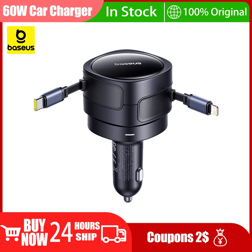 Baseus Auto-Schnellladegerät, doppeltes einziehbares Kabel, Typ C, PD, QC, SCP, AFC, PPS, Schnellladekabel für iPhone, Xiaomi, Huawei, Samsung Image