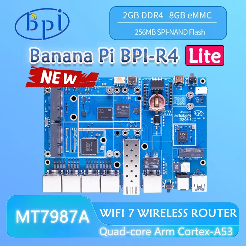 Banana Pi BPI-R4 Lite MT7987 Quad-Core Arm Cortex-A53,2 GB DDR4 8 GB eMMC, unterstützt M.2 für 4G/5G-Modul, 12,5 G SFP/RJ45-Einzelplatine Image