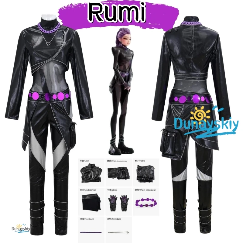 Demons Hunters Rumi Anime Kpop Cosplay Kostüm Schwarzes Leder Kampfanzug Mantel Hose Gürtel Handschuhe Perücke Earing Halloween Image