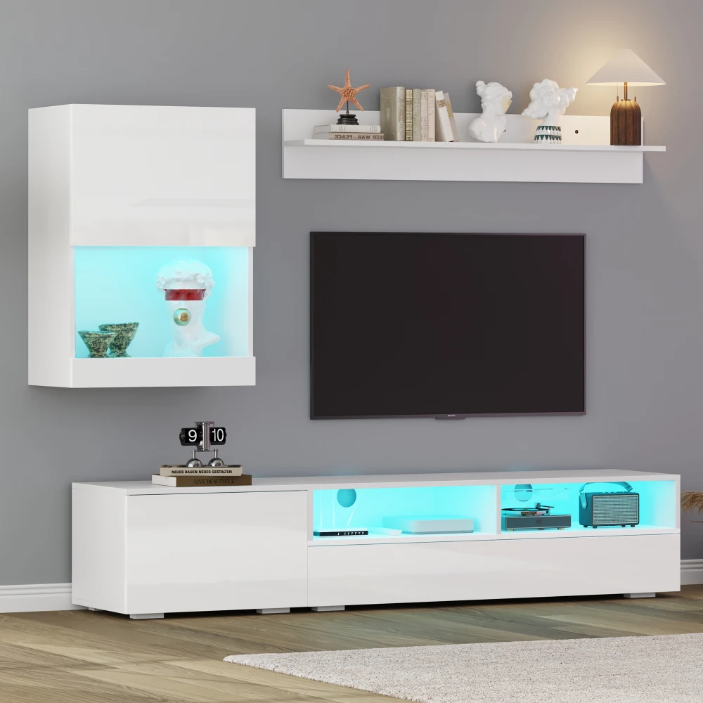 TV-Wand-Set (Komplettset, 3-teilig), Medienwand inklusive TV-Platte, Regal und Wandregal, TV-Wohnzimmermöbel-Set mit LED