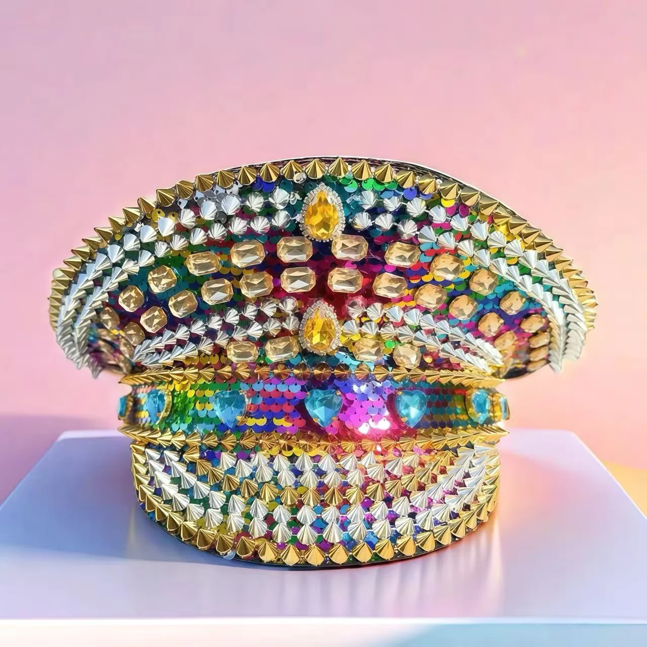 HongLuan Goldener Steampunk-Kapitänshut mit Strasssteinen für brennende Männer, Festival-Frauen, Rave-Festivals-Accessoires und Partykappen für Männer Image