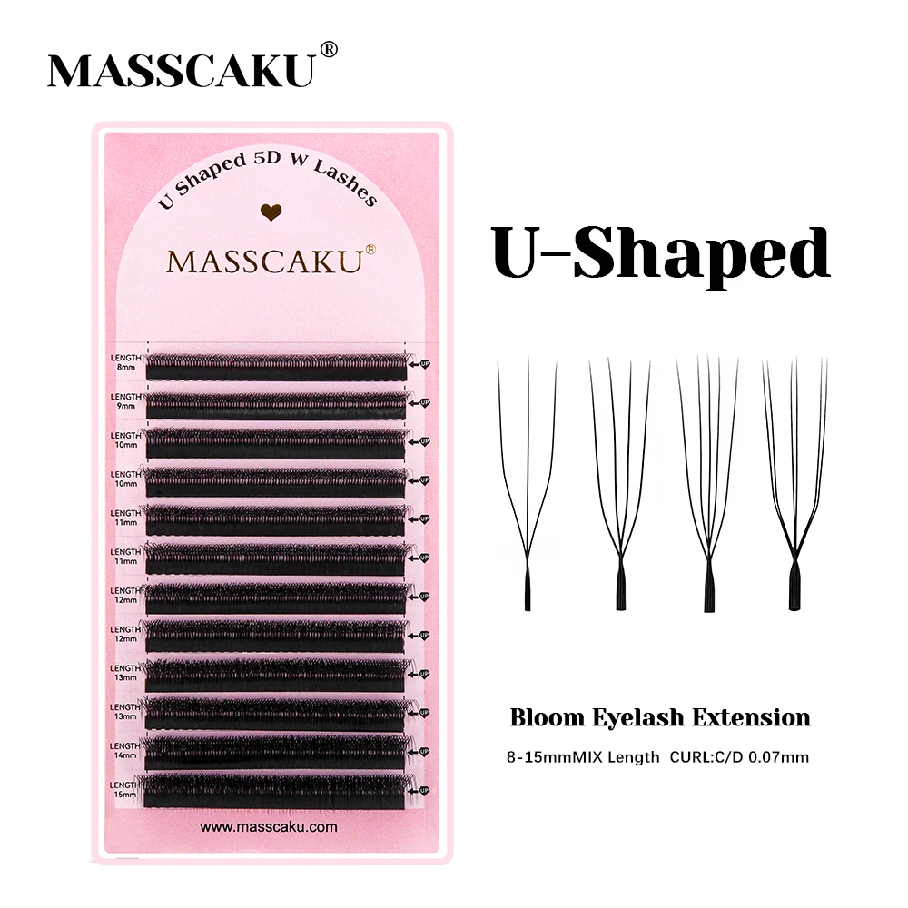 MASSCAKU U-förmige 3D/4D/5D/6D Wimpernverlängerung, 0,07 mm Dicke, handgewebt, vorgefertigte Fächer, U-Wimpern, ideal für Maquillaje Mujer Image