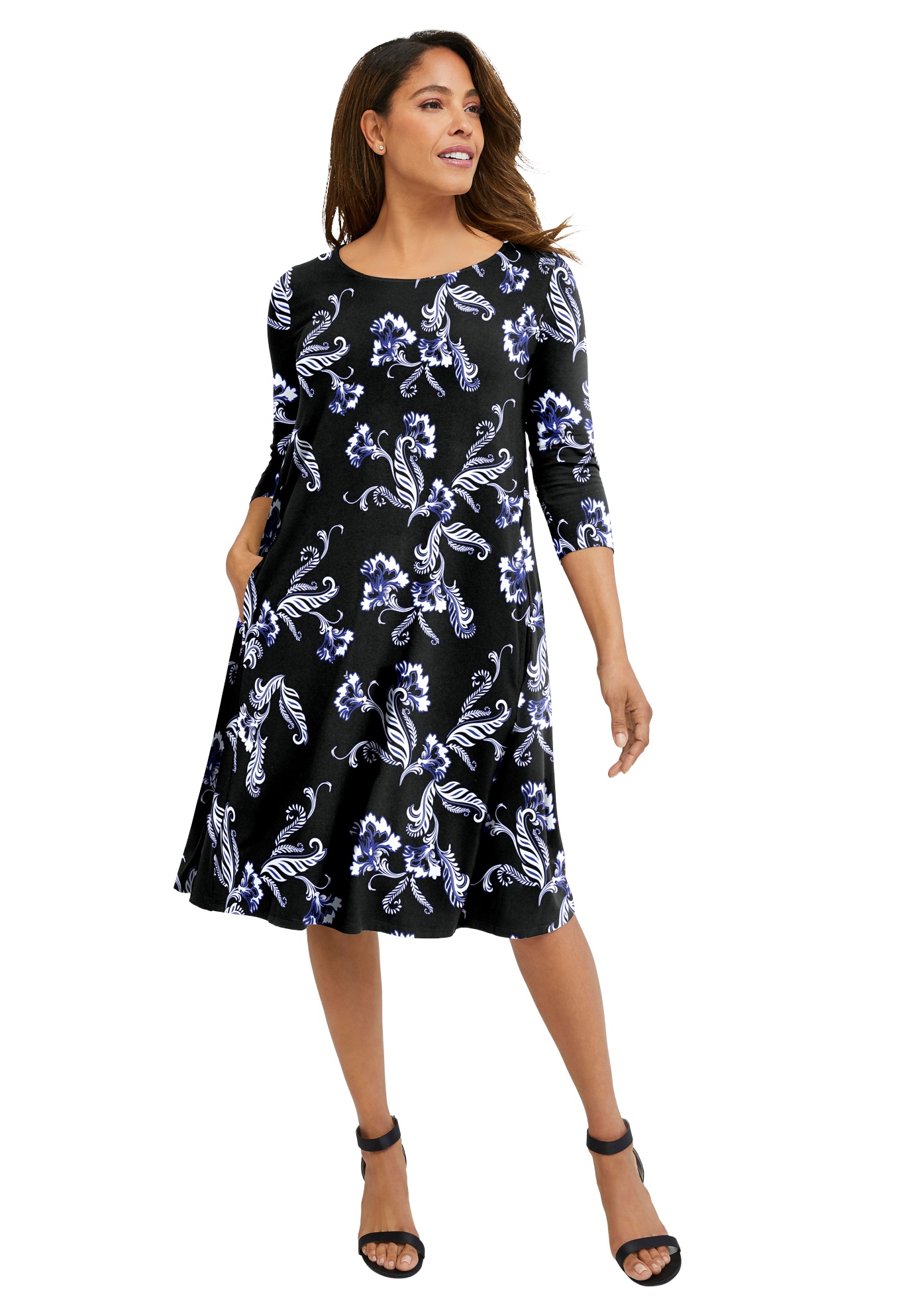 Plus Size Women's Stretch Knit Three-Quarter Sleeve T-shirt Dress by Jessica London in Blue Batik Scroll (Size 26 W)