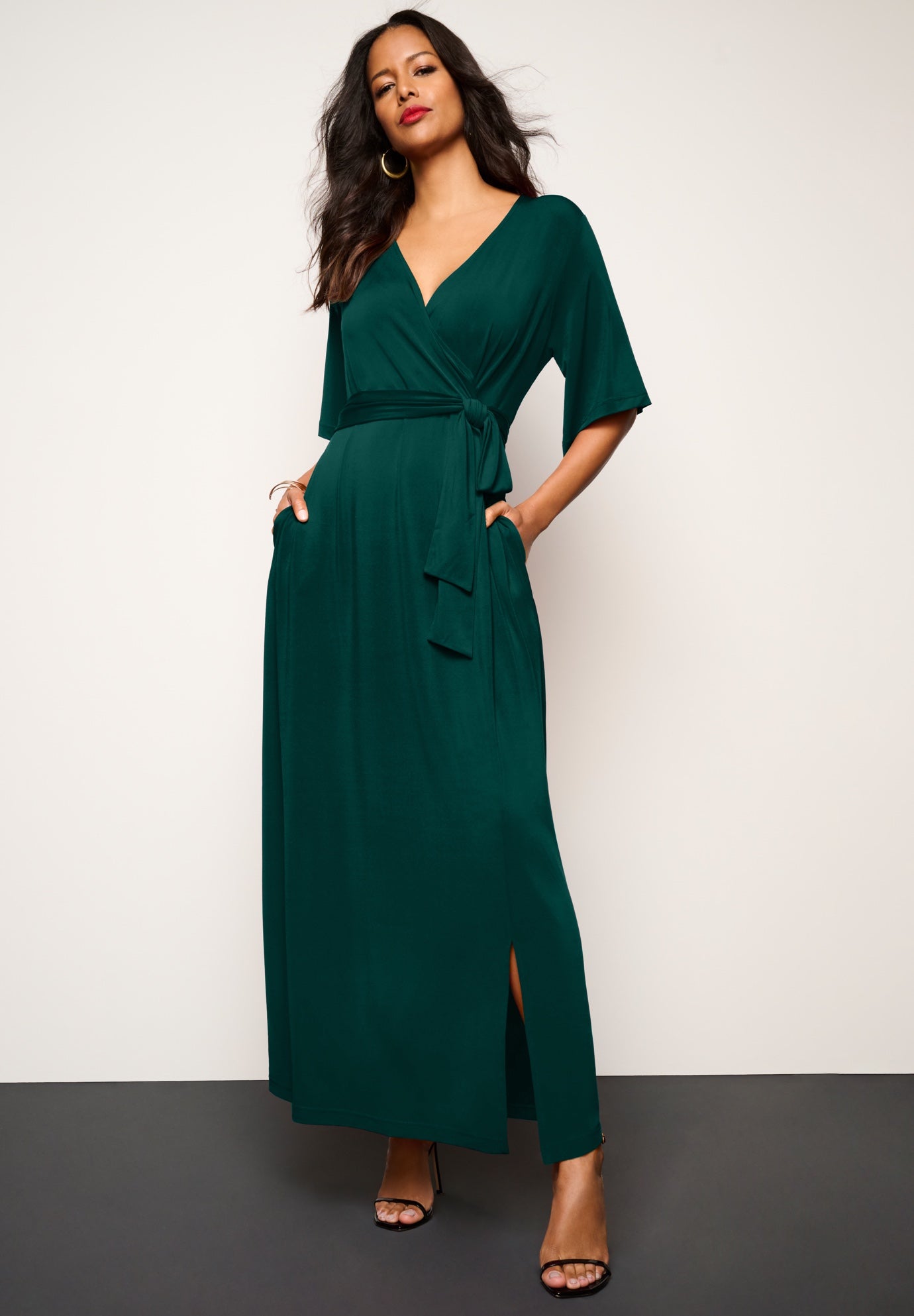 Plus Size Women's Plus Size Flutter Sleeve Wrap Maxi Dress by Roaman's in Emerald Green (Size 30/32)
