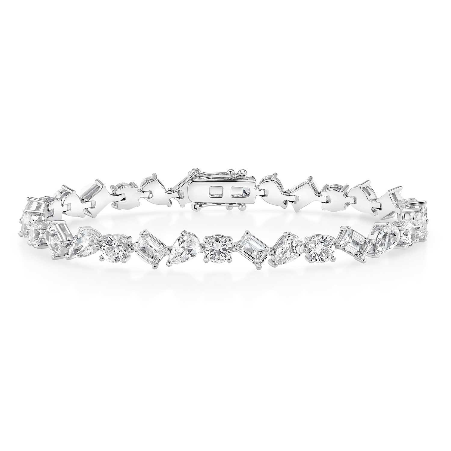 925 Sterling Lab White Sapphire Mixed Fancy Cut Tennis Bracelet- 7':- Mixed Fancy Cut, 7'
