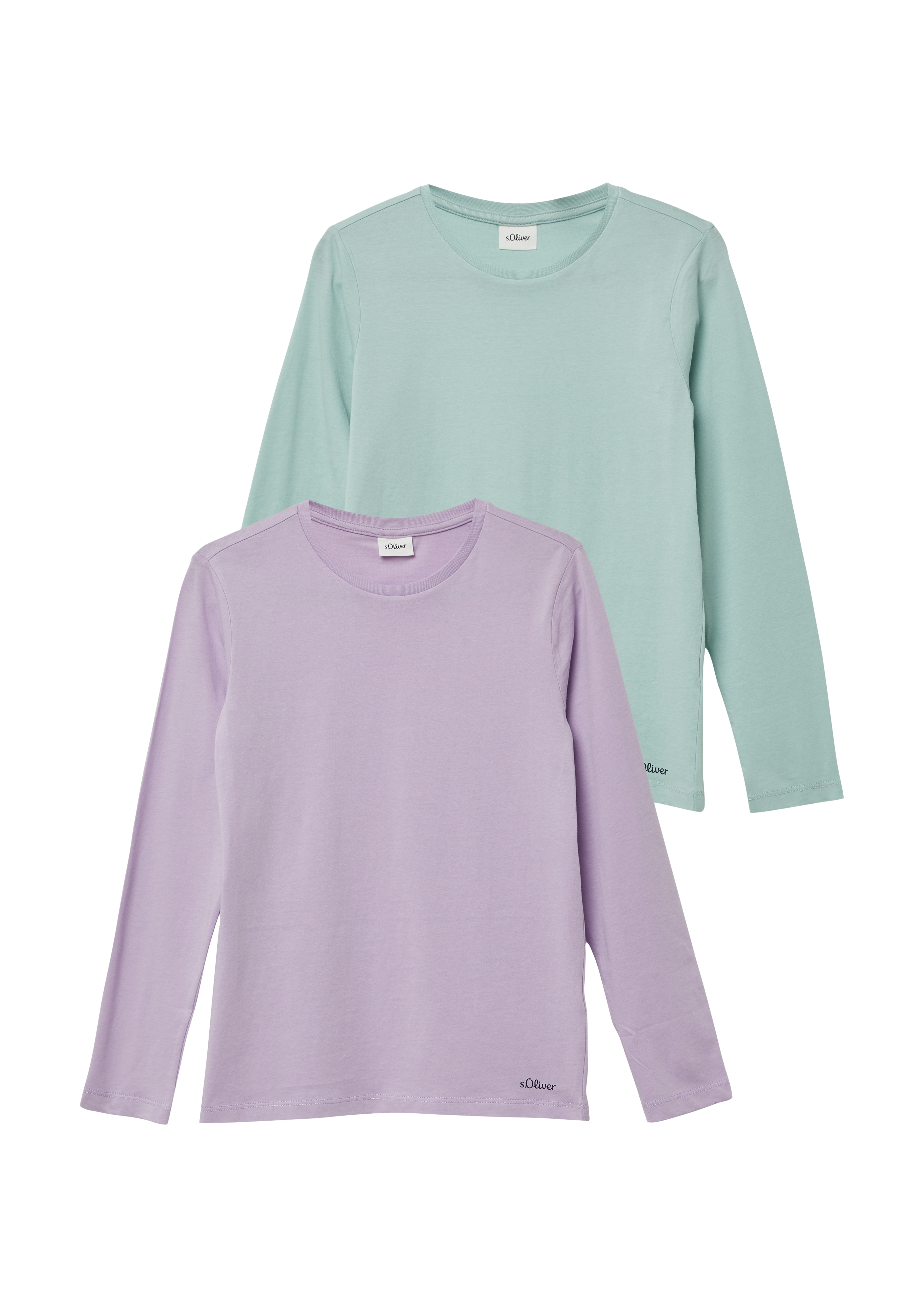 T-Shirt S.OLIVER JUNIOR, Damen, Gr. 152, lila, light grün, Jersey, Obermaterial: 100% Baumwolle, unifarben, normal hüftbedeckend, Rundhals, Shirts, 2er Pack, Unisex Image