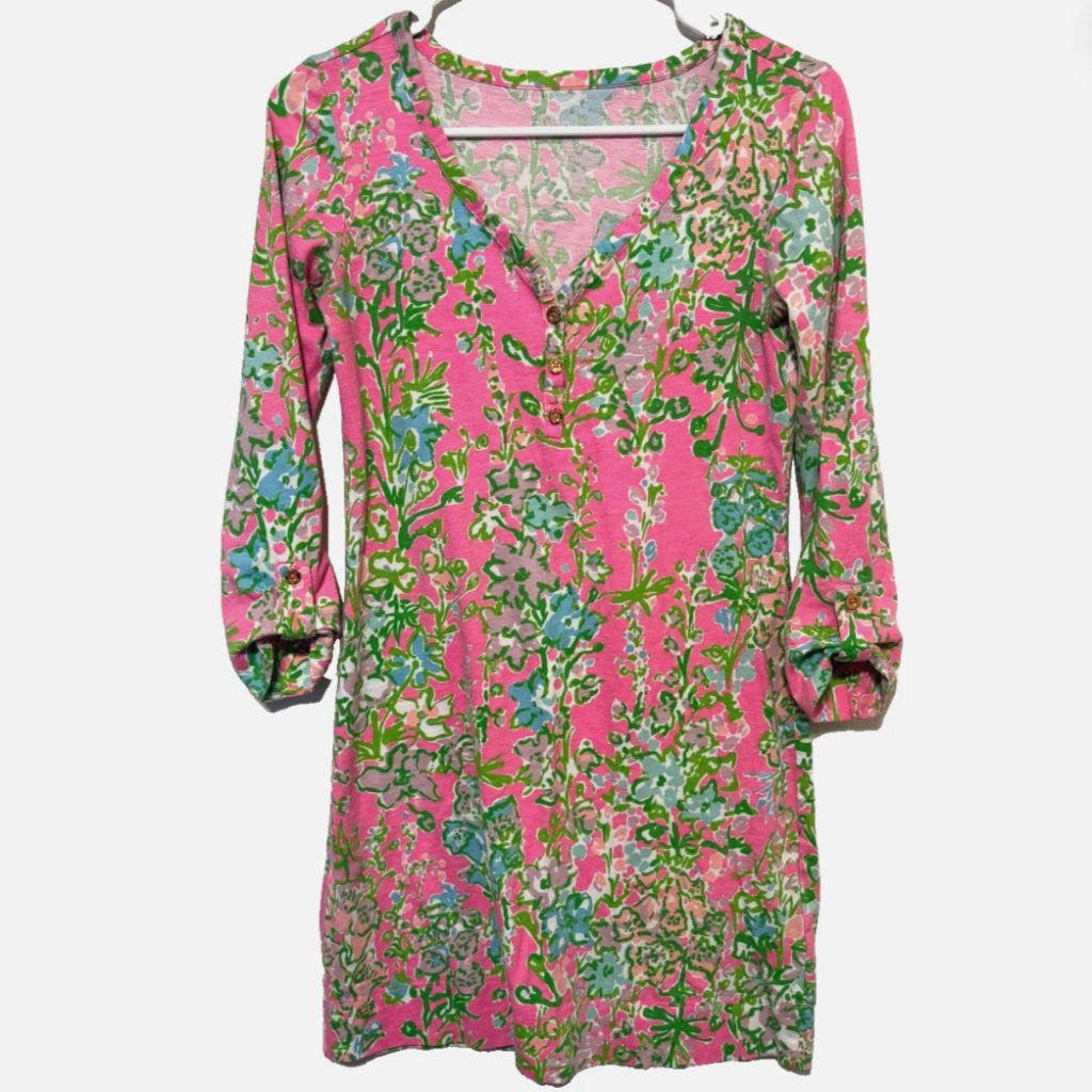 Lilly Pulitzer Dresses | Lilly Pulitzer Women's Dress Xs Palmetto Dress Shirt Dress Long Sleeve Floral | Color: Blue/Pink | Size: Xs