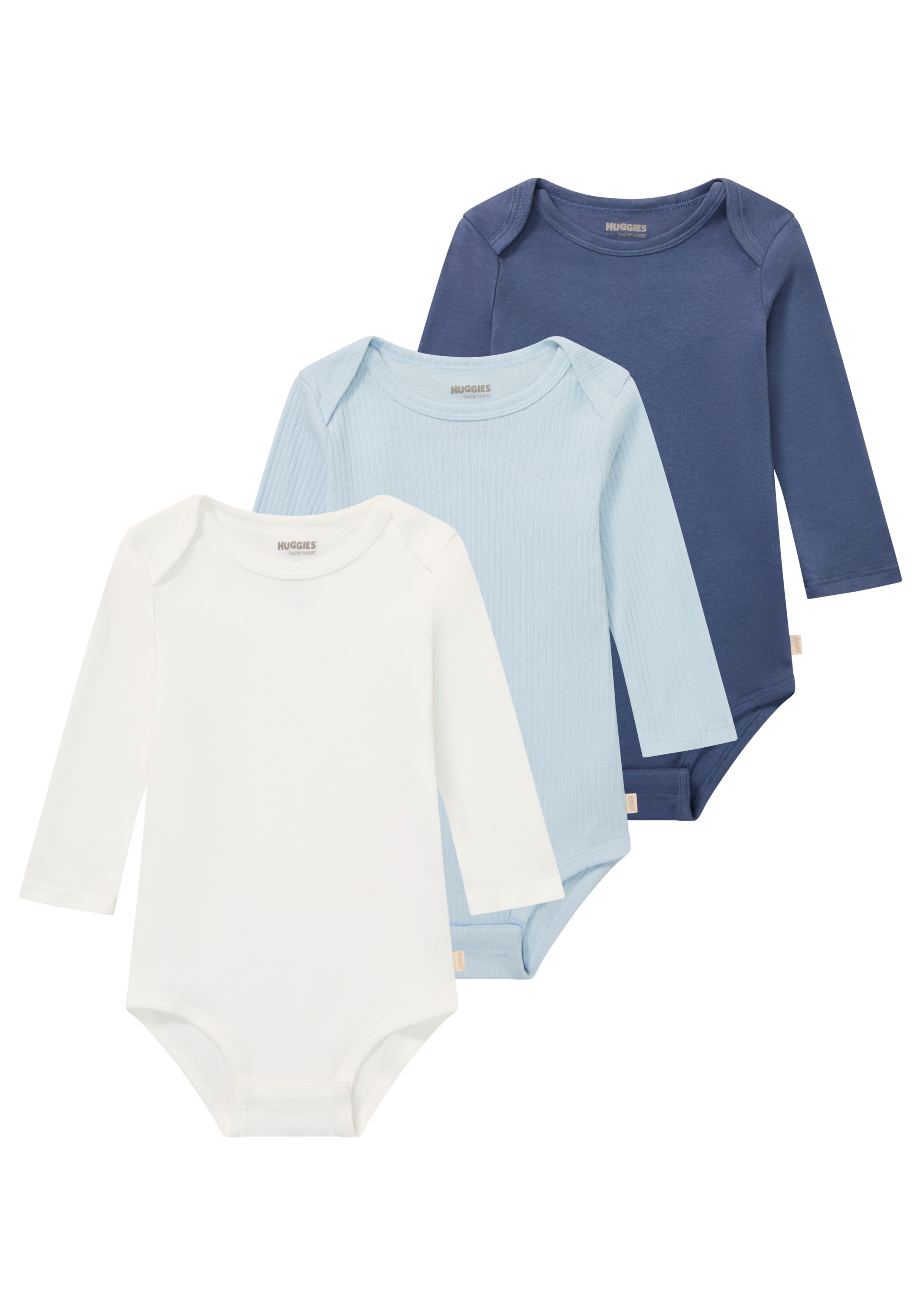Langarmbody HUGGIES BABYWEAR "HUGB 3PK BODYSUIT", Baby, Gr. 6 (86), N-Gr, huggies skyway, Feinripp, Obermaterial: 100% Baumwolle, unifarben, normal lang, Rundhals, abgerundeter Saum, Bodys, 3er-Pack, in Ripp-Optik Image